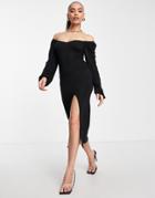 Missguided Long Sleeve Milkmaid Midaxi Dress With Slit In Black