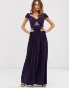 Asos Design Premium Lace And Pleat Bardot Maxi Dress-purple