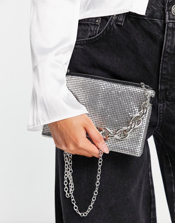 Stradivarius Chainmail Cross Body Bag In Silver With Chain Handle Detail