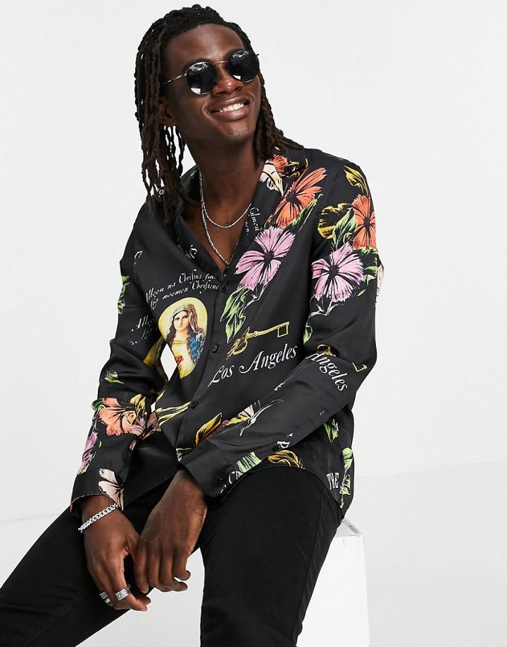 Asos Design Regular Shirt In Satin Black Floral With Deep Revere