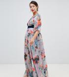 Little Mistress Maternity Plunge Front Maxi Dress With Cape Detail In Full Bloom Print - Multi