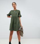 Asos Design Tall Cotton Slubby Frill Sleeve Smock Dress - Green