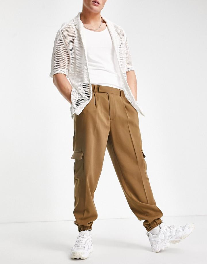 Asos Design Oversized Tapered Cargo Smart Pants In Tan Crepe-green