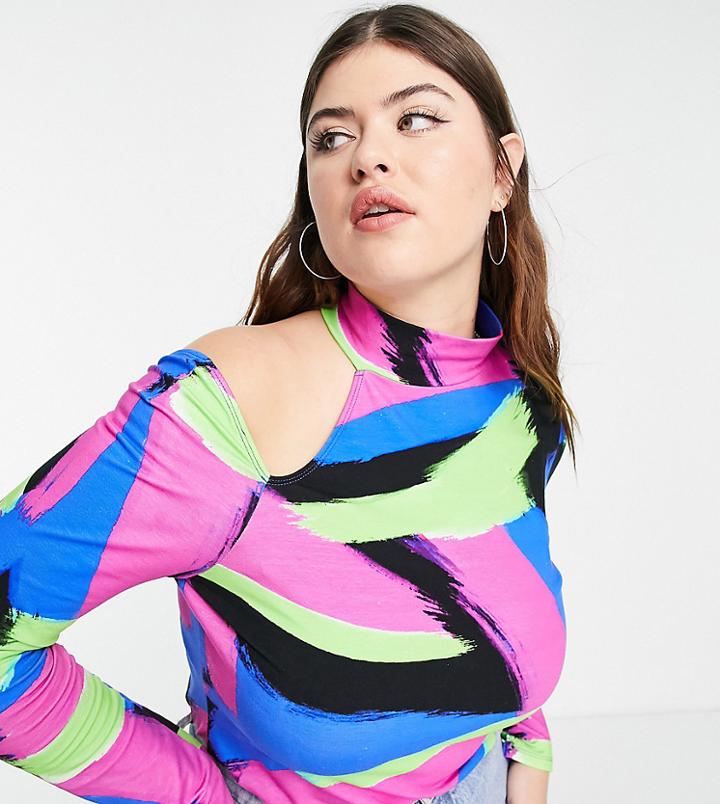 Asos Design Curve Long Sleeve Top With Asymmetric Cut-out Shoulder In Brush Print-multi