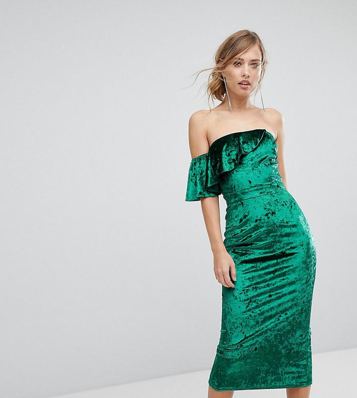 True Violet Velvet Midi Dress With Frill Detail - Green