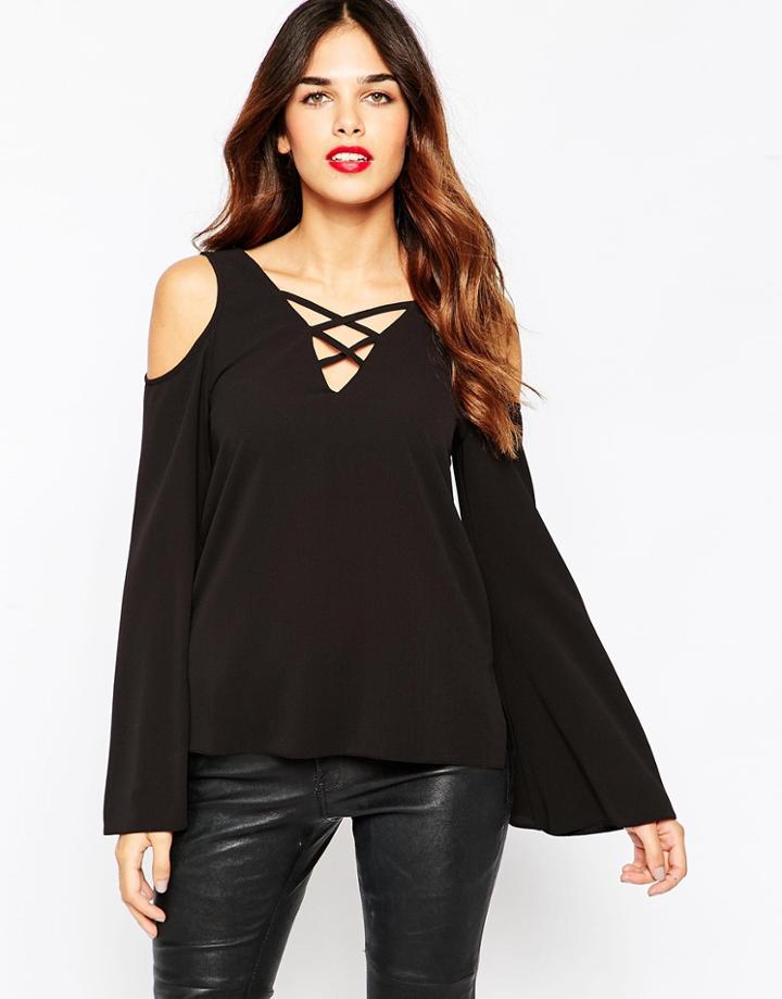 Asos Lace Up Front Cold Shoulder Top - Black