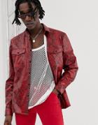 Asos Design Faux Leather Snakeskin Shirt In Red - Red