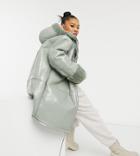Asos Design Curve Leather Look Parka With Sherpa Lining In Sage-black