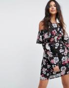 Boohoo Floral Cold Shoulder Ruffle Dress - Black