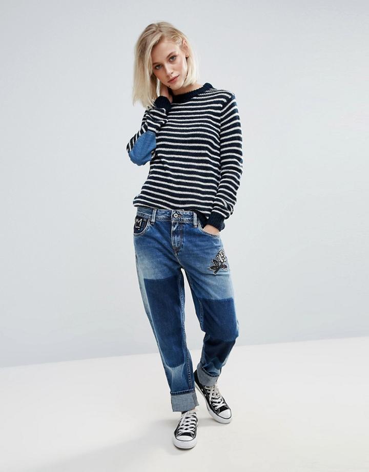 Pepe Jeans Vagabond Deconstructed Rose Patch Jeans - Blue
