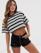 Asos Design Super Crop T-shirt With Raw Edge In Stripe-black