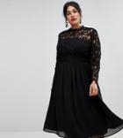 Chi Chi London Plus High Neck Midi Skater Dress With Lace Sleeves In Black - Black