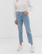 Asos Design Florence Authentic Straight Leg Jeans In Low Stretch Denim In Light Vintage Wash - Blue