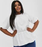 Asos Design Curve Short Sleeve Waisted Top In Textured Fabric-white
