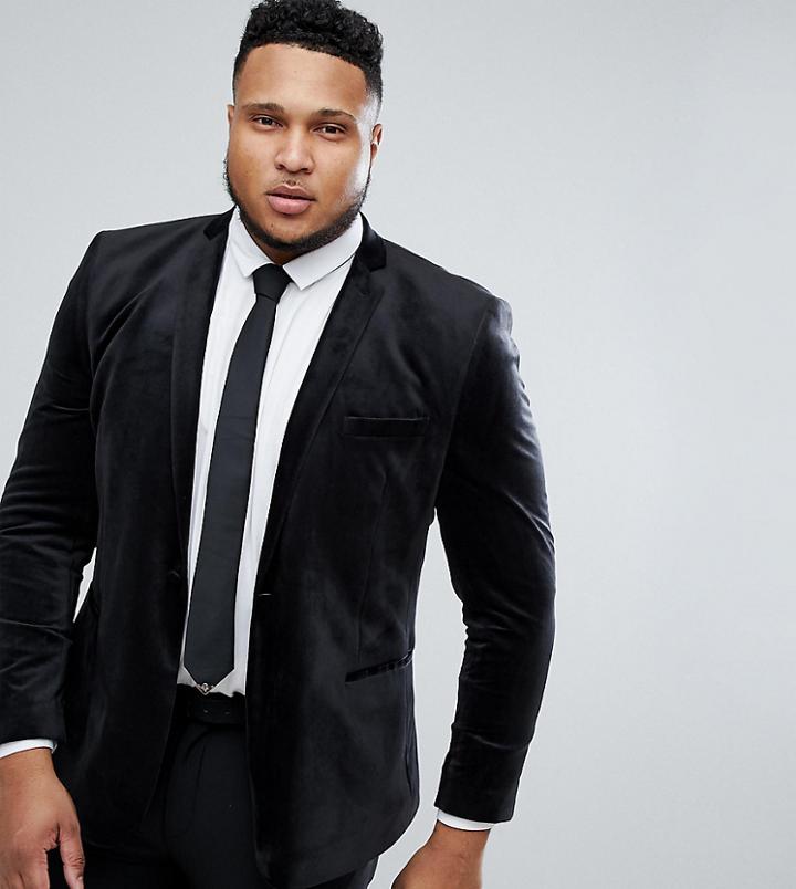 Asos Plus Skinny Blazer In Black Velvet - Black