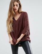 Noisy May Vera V Neck Oversized Sweater - Brown