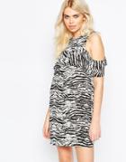 Daisy Street Shift Dress With Frill Top In Mono Scratch Print