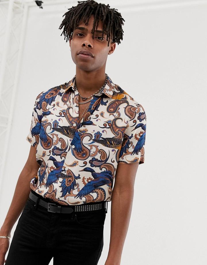 Asos Design Regular Fit Shirt In Paisley Bird Print - Black