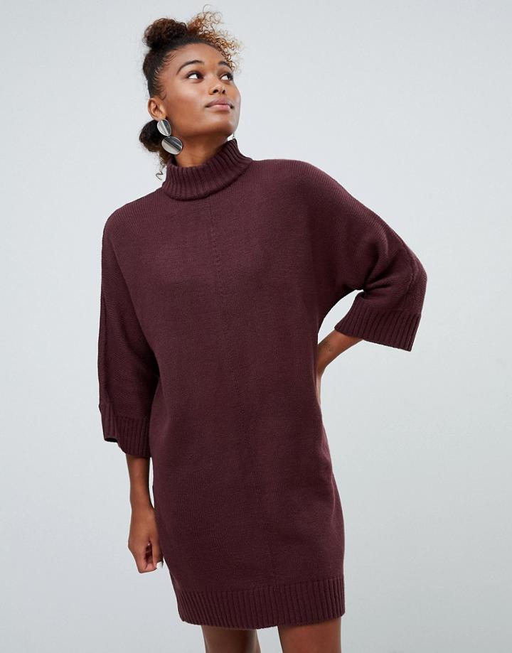 Monki High Neck Knit Dress In Burgundy - Red