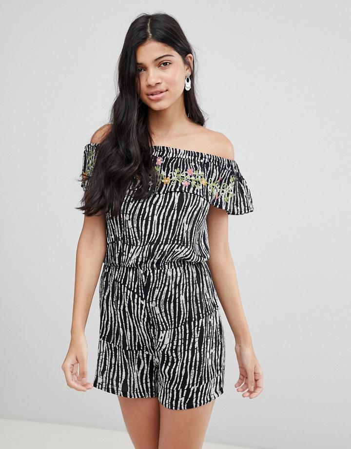 Raga Before Dawn Ruffle Off Shoulder Romper - Black
