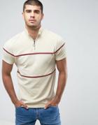 Asos T-shirt With Zip Neck In Towelling With Piping In Beige - Beige