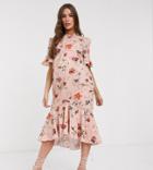 Hope & Ivy Maternity Open Back Midiaxi Dress With Ruffle Hem In Poppy Floral-multi