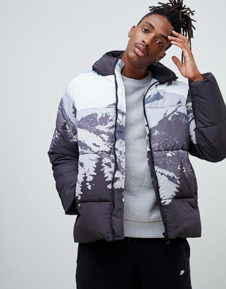 Asos Design Puffer Jacket In Mountain Print - Navy