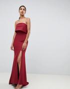 Jarlo Bandeau Overlay Maxi Dress With Thigh Split In Berry-red