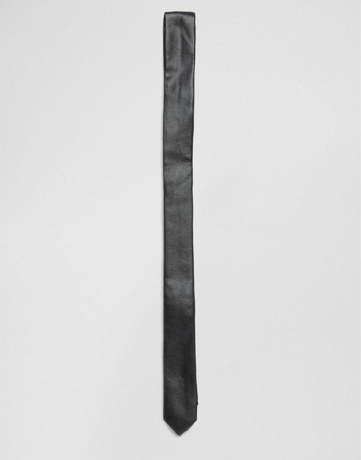 Asos Skinny Tie In Faux Leather - Black