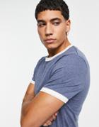Asos Design T-shirt In Navy Heather With Cream Contrast Trims