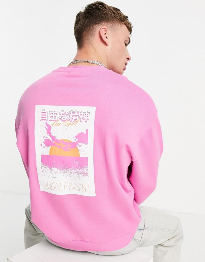 Asos Design Oversized Sweatshirt In Pink With Japan Scenic Print