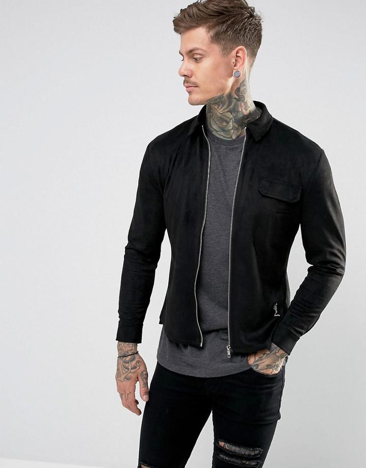 Religion Faux Suede Zip Through Shirt - Black