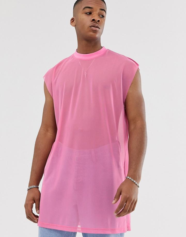 Asos Design Oversized Super Longline Sleeveless T-shirt In Pink Fine Mesh