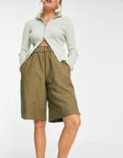 Topshop Elastic Back Bermuda Short In Khaki-green