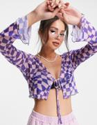 Vintage Supply Tie Front Mesh Crop Top In Trippy Checkerboard Print Set-multi
