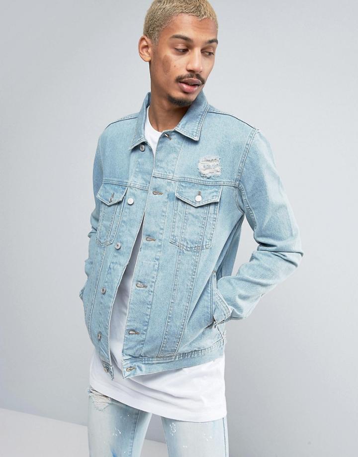 Antioch All Over Destroy Denim Jacket In Light Wash - Blue