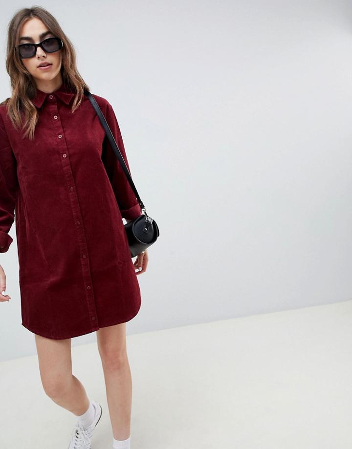 Asos Design Cord Shirt Dress In Oxblood - Red