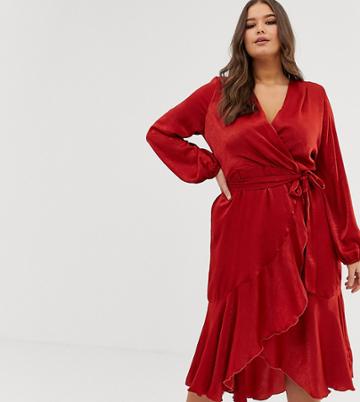 Flounce London Plus Wrap Front Midi Dress In Rust - Brown