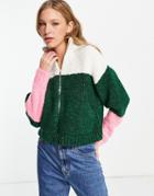 Topshop Knitted Zip Color Block Boucle Cardigan In Multi
