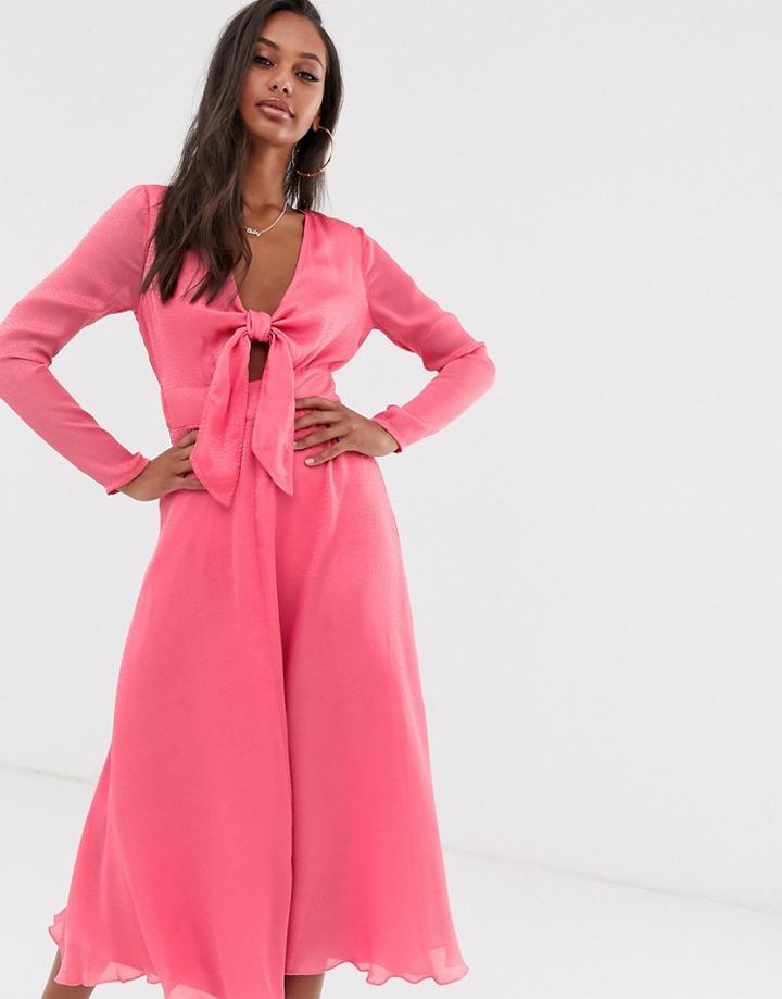 Asos Design Tie Front Midi Dress In Jacquard - Pink