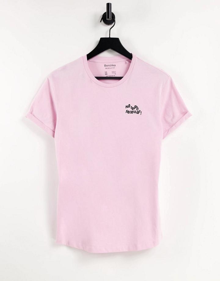 Bershka T-shirt With Chest Print In Pink