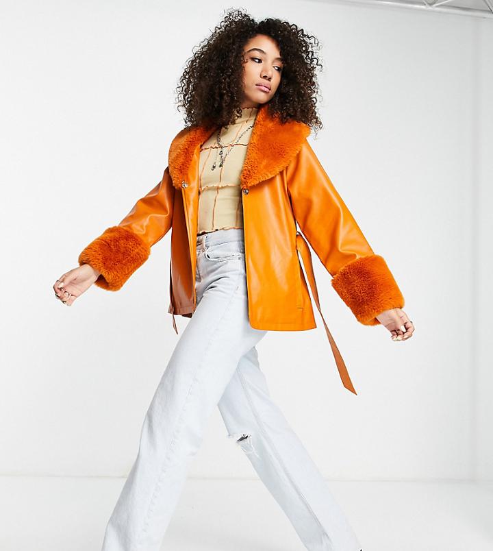 Reclaimed Vintage Inspired Faux Leather Trench With Faux Fur Trim In Bright Orange