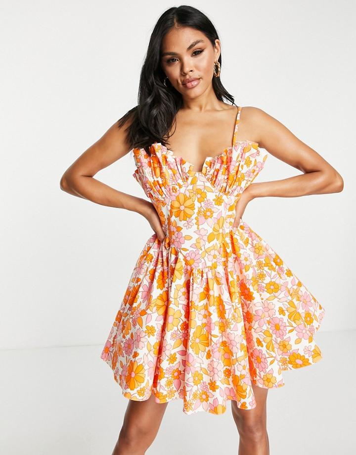 Asos Luxe Fan Detail Mini Cami Dress In 60s Floral-multi