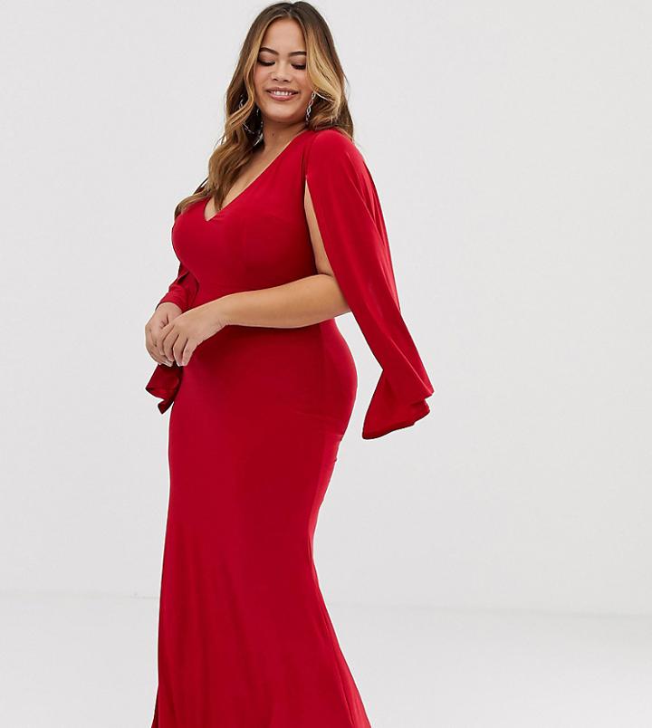 Club L Plus V Neck Cape Detail Maxi Dress - Red