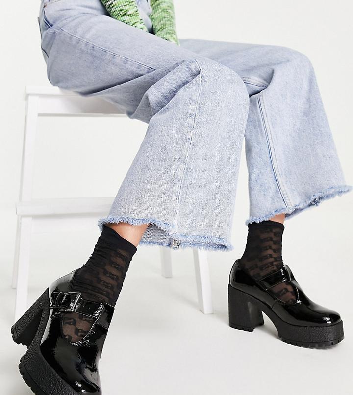 Asos Design Wide Fit Spark Chunky Mary Jane High Shoes In Black Patent