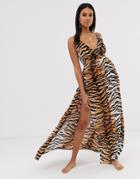 Asos Design Tie Back Cross Front Split Maxi Beach Dress In Natural Tiger - Multi