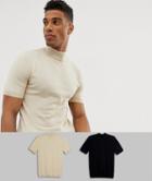 Asos Design Knitted Cotton Turtleneck T-shirt In Black / Oatmeal 2 Pack Save - Multi