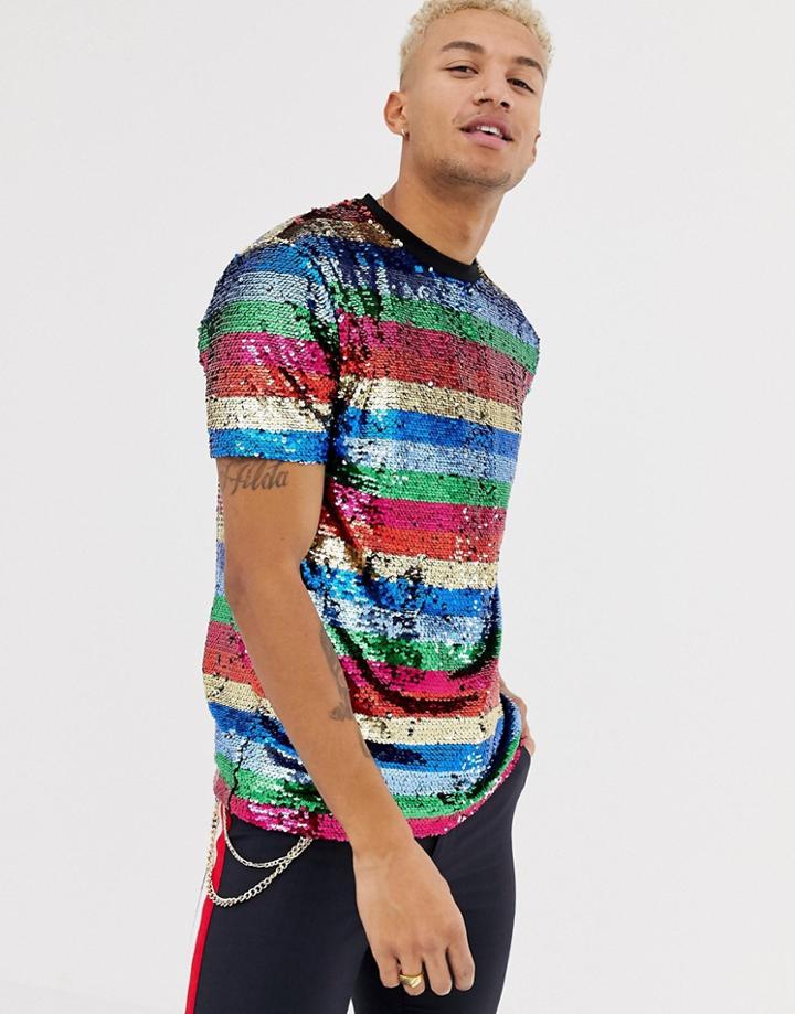 Asos Design Relaxed T-shirt In Sequin Stripe - Multi