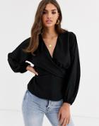 Asos Design Long Sleeve Top With Twist Front Detail-black