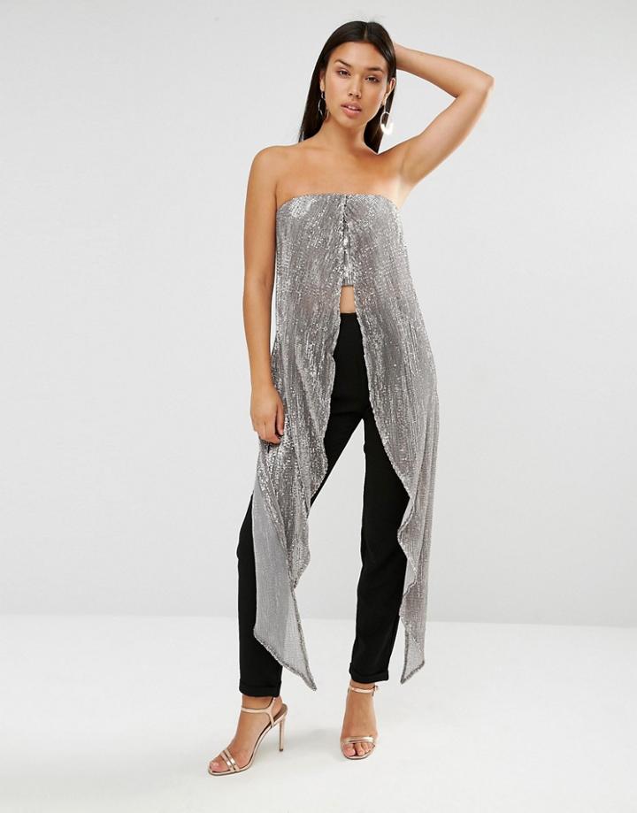 Lavish Alice Sequin Maxi Cape Crop Top - Silver